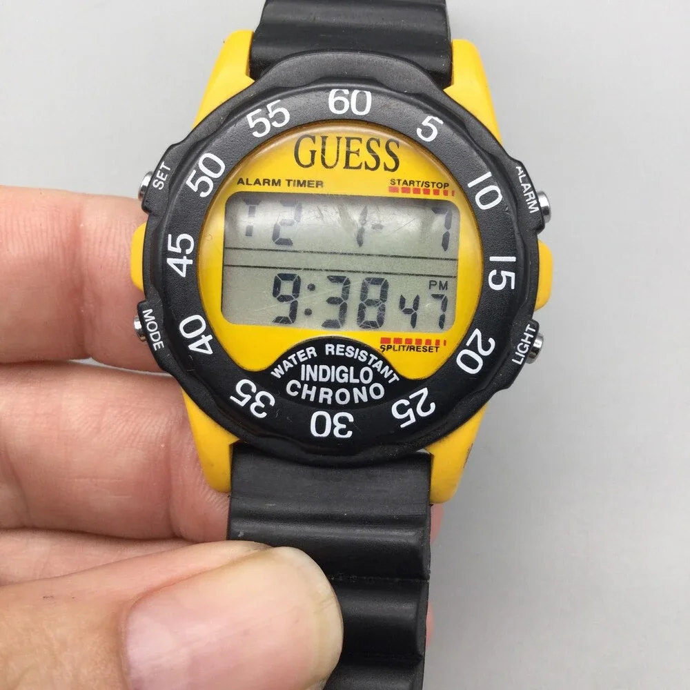 Vintage Guess Indiglo Chrono Men Watch 40mm Yellow Dial Black Rubber New Battery